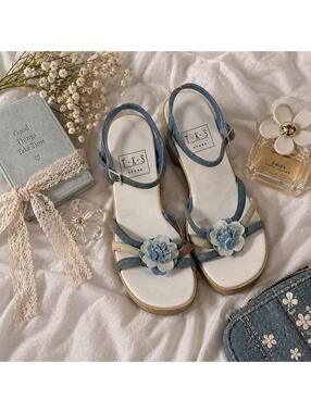 T.K.S SHOES Y2K DENIM FLOWER WEDGE SANDALS BLUE